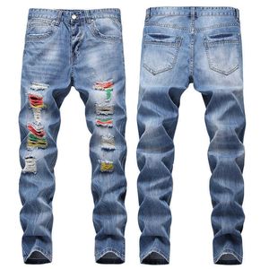 Spring Summer European American Men's Small Straight Jeans Holes Hand-painted Brushes Paint Spots Men's Trousers X0621