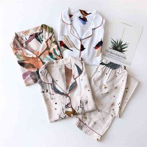 High Quality Soft Cotton Pajama Printed Home Clothes Suit Summer Thin Long Sleeve Sleepwear Female Pijama Autumn 210809
