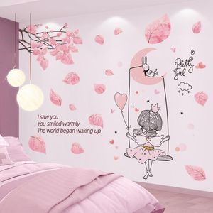 Wall Stickers Cartoon Girl Moon Swing DIY Tree Leaves Mural Decals For Kids Rooms Children Baby Bedroom Kitchen Home Decoration