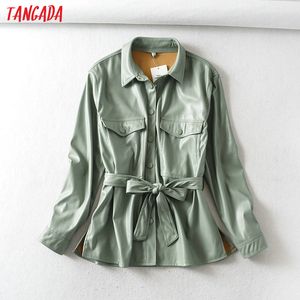 Tangada Women Light Green Faux Leather Jacket Coat with BeltLadies Long Sleeve Loose Oversize Boy Friend 6A125