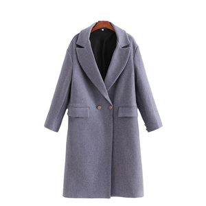 Vintage Woman Loose Haze Blue Long Woolen Coat Höst-Winter Fashion Ladies Tjock V Neck Jacka Kvinna Elegant Soft Outwear 210515