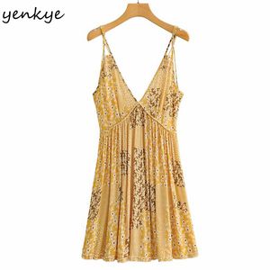 Gelb Vintage Blumendruck Sexy Sling Kleid Frauen rückenfrei V-Ausschnitt ärmellos Urlaub Sommer Strand kurze Robe 210430