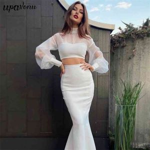 Ücretsiz Bayanlar Mermaid Elbise Bandaj Seti Seksi Yüksek Boyun Örgü Fener Kol Üst MIDI Etek 2-piece Party 210524