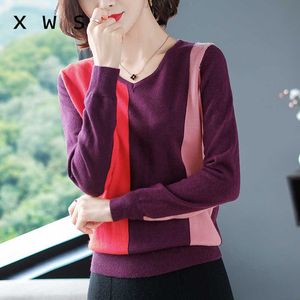Autumn Winter Sweater Women v-neck Tight patchwork Sweater female Knitted Pullovers long sleeve tops warm basic black 210604