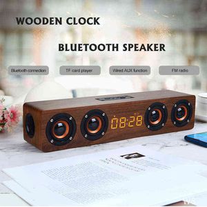 Alto-falante sem fio de madeira Bluetooth despertador portátil estéreo PC Sistema de TV Speaker Desktop Sound Post FM Rádio Computador H1111