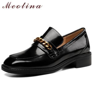 Натуральная натуральная кожа Lowels Loafers обувь для женщин насосы цепи круглый носок толстый каблук женская обувь весна черный 40 210517