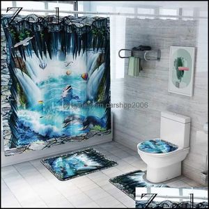 Maty do łazienki Aessoria Domowe dywan ogrodowy i zestaw zasłony prysznicowej 3D Dolphin Printed Room Dywanika toaleta Dostawa 2021 QADMB