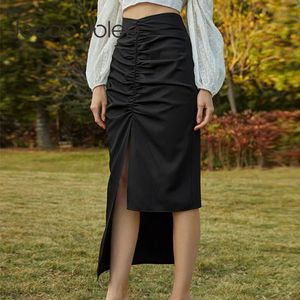 jolee Jocooの女性夏のエレガントなセクシーなプリーツ不規則な基本的なカジュアルなスカートハイウエストジッパーソリッドストレートオフィスレディ210518