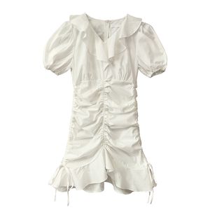 Violet White Ruffle Short Sleeve Mini Dress Casual Drawstring Solid Summer Women Female D1770 210514