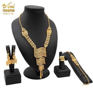 Aniid Dubai Свадебный набор Большие Ожерелье Ювелирные изделия для Женщин Кольца Африканский Браслет Браслет Золотые Серьги Эфиопский 24K Марокканский Арабский H1022