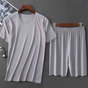 Pigiama da uomo in seta di ghiaccio Solid ShirtPant 2PCS Pigiama Sleep Set Casual Maschile Abbigliamento da casa Pigiama estivo Sleepwear Nightwear 4XL 210901