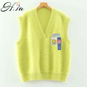 Women Sweater Vest for Spring Knitwear Cartoon Embroidery Pink Sleeveless Knit V neck Pull Jumpers 210430