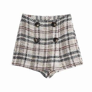 Tweed kvinnor patchwork knapp shorts vårhöst mode damer elegant khaki kvinnlig vintage tjejer chic 210527