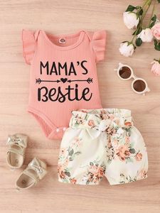 Bebê letra bordado plissado guarnição bodysuit floral impressão barria shorts ela