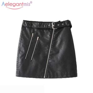 Aelegantmis Elegant Office Lady Zipper PU Läder Kjol Kvinnor Sommar Casual High Waist A-Line med Belt Mini Short 210607