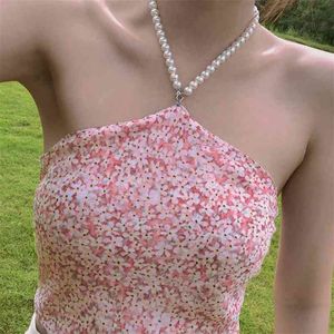 Daisy Printed Y2k Crop Halter Tank Top For Girls Summer Sexy Backless Tie Up Women Sleeveless Pink Floral Shirt Tee Female 210510