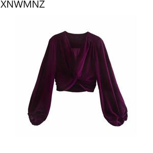 women women's blouse Fashion velvet top with knot vintage Cropped V-neck Smock Blouse Kimono long sleeve Shirt Blusas 210520