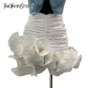 女性ハイウエストパッチワーク非対称のRuchedミニスカート女性のための2twinstyleカジュアルな白いスカート女性夏のファッションスタイル210708