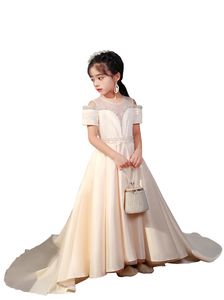2022 Champagne Satin Pearls Pageant Party Dresses Kids High Low Long Train Cold Shoulder Short Sleeve Flower Girl Dress Prom Communion Gowns