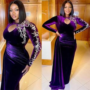 Purple Velvet Prom Dresses Plus Size Long Sleeves 2021 Embroidery Beaded Custom Made Keyhole Jewel Neck Mermaid Pleats Evening Party Gown vestidos