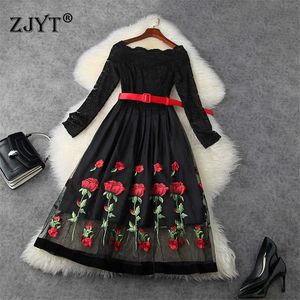 Elegant Långärmad Slash Neck Blomma Broderi Lace Klänning Vår Kvinna Kläder Retro Midi Sexig Robe Femme Black Party Vestidos 210601