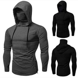 Moda Masculina Casual Cores Sólidas Hooded Moletom Com Capuz mangas compridas Máscara aberta-bifurcada Suéter Esportes Tracksuit Sudadaras Hombre # G3 211217