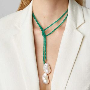 Mulheres temperamento longo gota pendientes colar barroco de água doce pérola verde grânulos requintado handmade garganter jóias