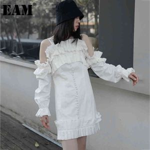 [EAM]女性白いプリーツバックレスオフショルダードレスストラップレスロングパフスリーブルーズファッションスプリングサマー1DD7346 21512