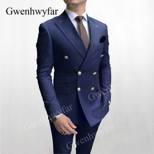 Gwenhwyfar Ultimo Blazer Pantaloni Design Bottoni dorati Abiti da uomo Navy Doppio petto Smoking da sposo Smoking a punta Risvolto Costume Homme X0909