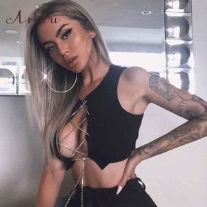 Artsu Gümüş Altın Metal Zincir Seksi Lace Up Kırpma Üst Kadın Clubwear Kadınlar Hollow Out Tank Top Tees Yaz Beyaz Siyah Kırmızı Üstleri X0507