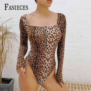 Сексуальный коричневый леопардовый боди женщины Bodycon Bodysuits с длинным рукавом топы короткие комбинезоны Romber Femme Beach Style Paysuit 210520