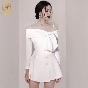 Spring Women Sexy Off The Shoulder Bow Party Dresses White Single Breasted Beach Holiday Ladies Vestido da Fest 210520