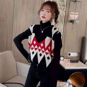 Menina diamante xadrez sweater colete mulheres sem mangas v-pescoço solto preguiçoso vento contraste costura pullover mola 210427