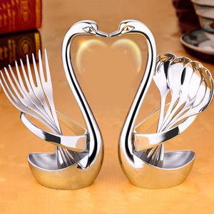 Wedding Supply Party Gift Elegant Swan Base Holder Fruit Forks Cutlery Set Stainless Steel Salad Dessert Forks Coffee Spoon Tableware