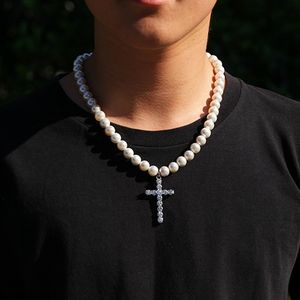 8mm 10mm Fashion Mens Pearl Beaded Halsband Nya Hip Hop Halsband Smycken Iced Out Cross Pendant Halsband