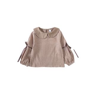 Baby Collar Shirt Ribbon Checked Children's Long Sleeve Jacket Girls School Blouses Children Girl Top Blouse 210701