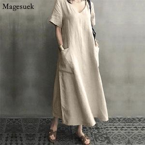 Vestido Maxi 여름 드레스 여성 빈티지 플러스 사이즈 코튼 린넨 섹시한 가을 우아한 V 넥 파티 ES 10139 210512