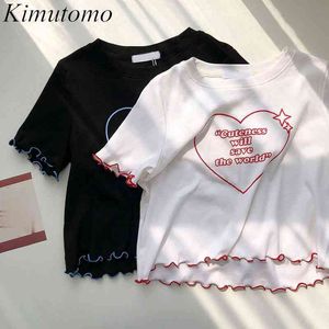 Carta de Kimutomo Impressão de manga curta t-shirt das mulheres verão coreano moda feminina o-pescoço fino BM BM curto top 210521