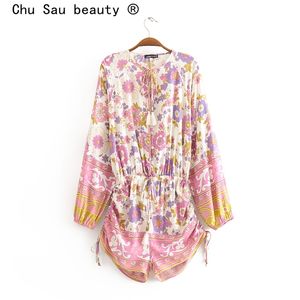 Chu Sau Beauty Fashion Boho Floral Print Conoined Shorts Kvinnor Holiday Chic Långärmad Jumpsuits Kvinna Sommar Beachwear 210508