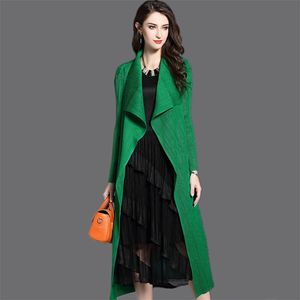 Women Fashion Pleated Long Windbreaker Turn Down Collar Open Cardigan Black Green Gray Red Khaki Female Clothing Coat Shawl 210914