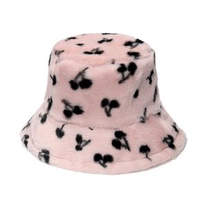 Women Winter Thicken Fluffy Plush Fisherman Cap Cute Cheery Printed Solid Color Wide Brim Sun Hat Bucket