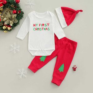 Nyfödd spädbarn Toddler Baby Girl Boy Christmas Outfit Min Frist Christmas Clothes Långärmad Romper Byxor Headband 3pcs G1023