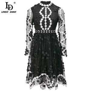 Summer Women Vintage Elegant Asymmetrical Dress Fashion Runway Lady Long sleeve Mesh Embroidery Black Midi 210522