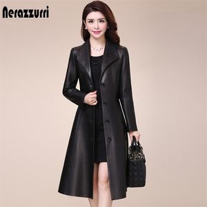 Nerazzurri Spring autumn long black soft faux leather coat women long sleeve buttons slim fit Elegant leather jacket women 211007