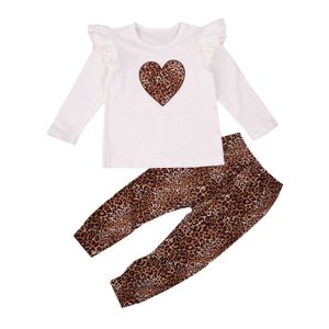 2-7y outono inverno criança criança meninas leopardo vestuário conjunto de babados manga comprida tops calças roupas roupas roupas 210515