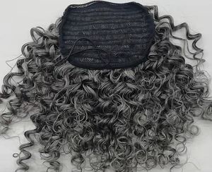 Gri Kinky Kıvırcık Brezilyalı Saç At Kuyruğu Puf Bun Updo Kadınlar Gri Saç Uzatma Dawstring Klip Ins İki Ton Karışık Doğal Vurgular Midilli Kuyruk 120g