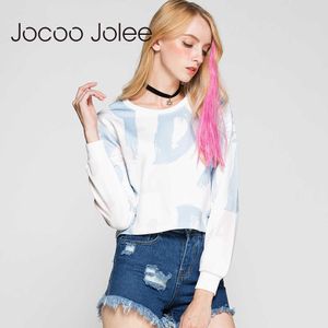 Jocoo Jolee Lettera Stampa Felpe con cappuccio Casual O-Collo Pullover BlueWhite Design Abbigliamento donna Felpa con cappuccio corta allentata 210619