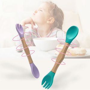 Bebê Silicone Forquilha Dupla Forquilha Colher de Madeira Learning Alimentando Talheres de Alimentação Atacado