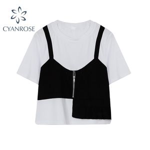 Moda verão coreano design irregular mulheres tops o pescoço de manga curta colete retalhos senhora fingir 2 peça conjunto t shirts 210515