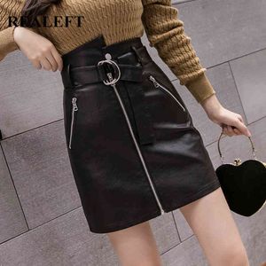 Autumn Winter Black PU Leather Women's Skirts with Belt High Waist Zipper Sheath Wrap Skater Sexy Mini 210428